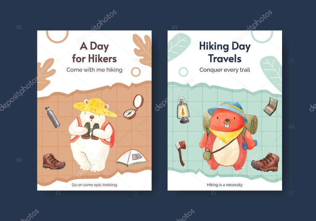 Card template with hiking concept,watercolor style 