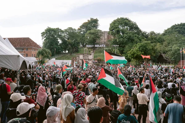 MELAKA, MALAYSIA - ECTOBER 2025: Filistin 'e destek mitingi sırasında büyük bir kalabalık. Gazze için birlik ve insani kaygılarını göstermek için barışçıl bir şekilde yürüyorlar..