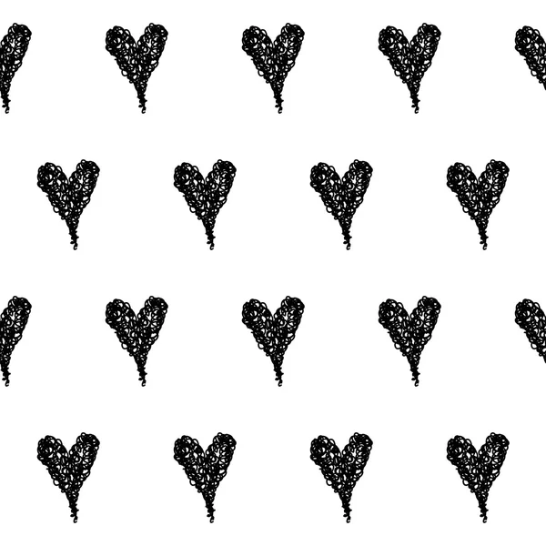 Doodle fond de motif sans couture. Coeurs noirs dessinés à la main isolés sur blanc — Image vectorielle