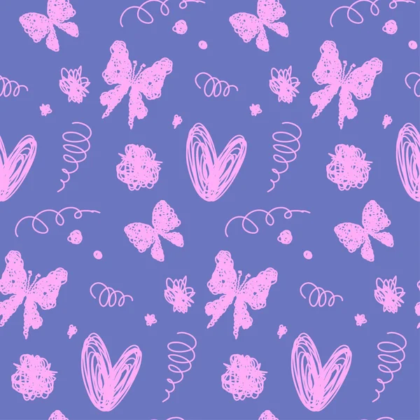 Handmade doodle seamless pattern background. Hand drawn butterfly isolated on stylish cover — Stock Vector
