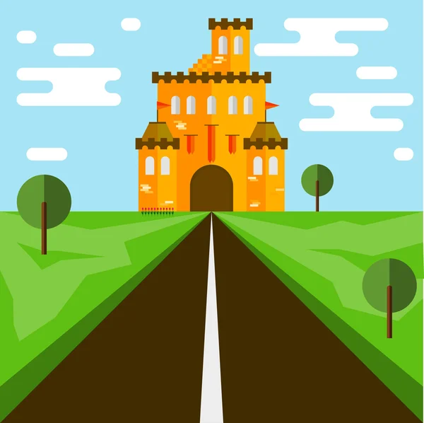 Castle. Estilo plano. Castelo laranja brilhante e estrada . — Vetor de Stock