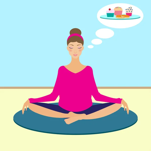 Chica de yoga soñando con pasteles — Vector de stock