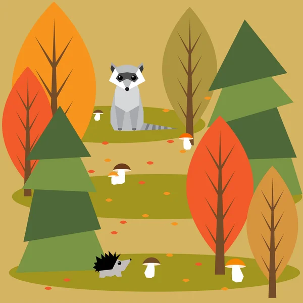 Otoño abstracto vector bosque fondo de dibujos animados con animales geométricos — Archivo Imágenes Vectoriales