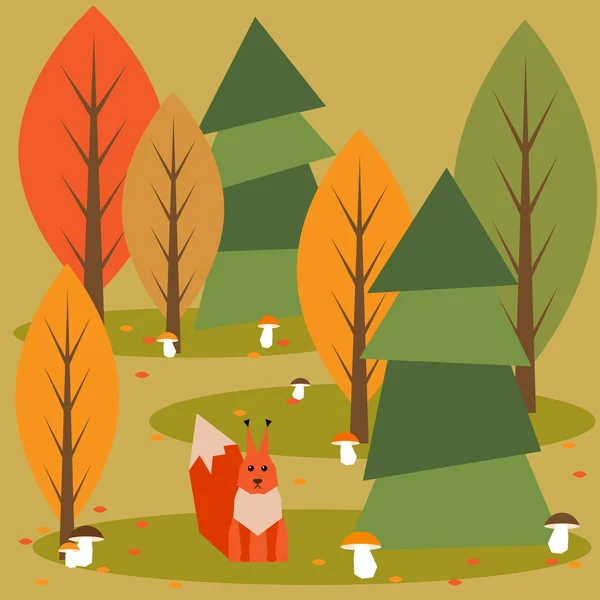 Autumn abstract vector forest cartoon background with geometric animals — Stock Vector