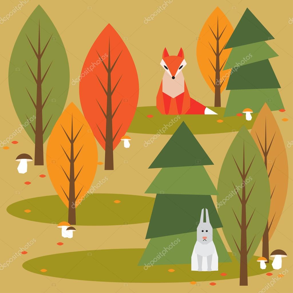 Autumn Abstract Cartoon Forest Background With Funny Geometric Animals Vector Image By C Vanillamilk Vector Stock