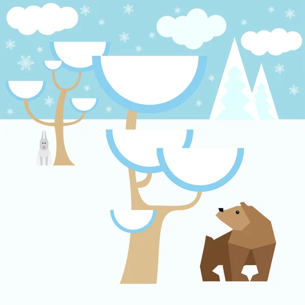 Winter cartoon vector achtergrond met dieren en sneeuw bos voor gebruik in ontwerp voor kaart, uitnodiging, poster, spandoek, plakkaat of billboard dekking — Stockvector