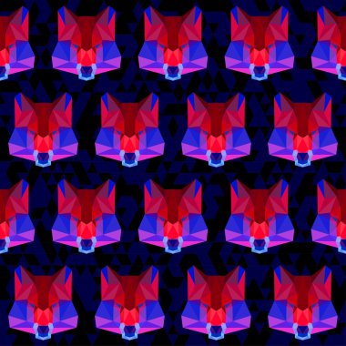 Bright red and blue colored abstract polygonal wolf seamless pattern background clipart