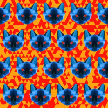 Bright blue colored abstract triangle polygonal siamese cat seamless pattern clipart