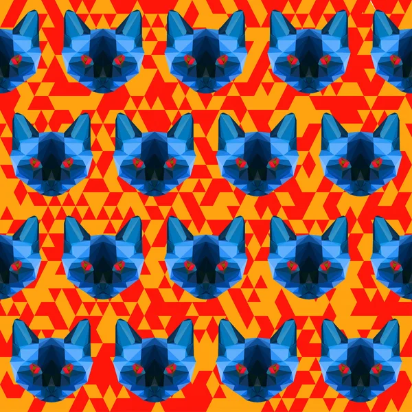 Helder blauw gekleurde abstracte driehoek veelhoekige siamese kat naadloze patroon — Stockvector