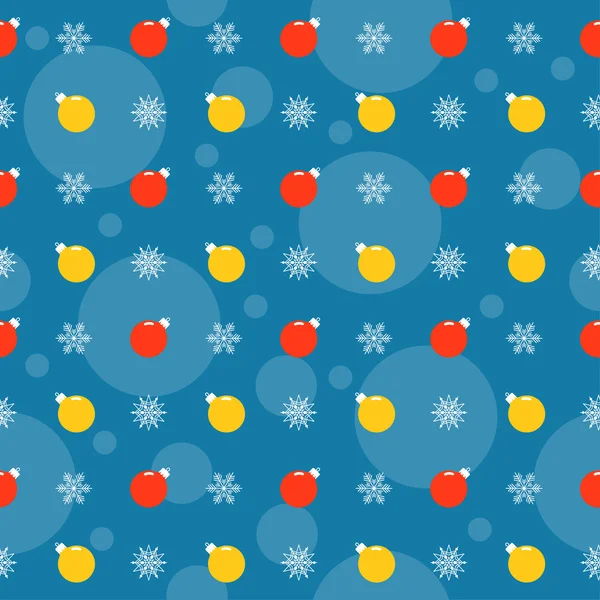 Fondo de patrón de color brillante de vacaciones con bolas de Navidad de color rojo y amarillo brillante y copos de nieve en la cubierta azul — Archivo Imágenes Vectoriales