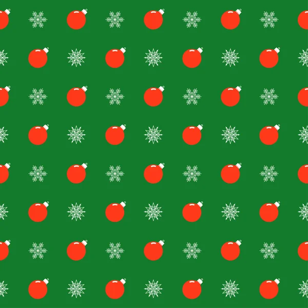 休日の明るい色の明るい赤いクリスマス ボールと緑のカバーの雪片のパターン背景 — ストックベクタ