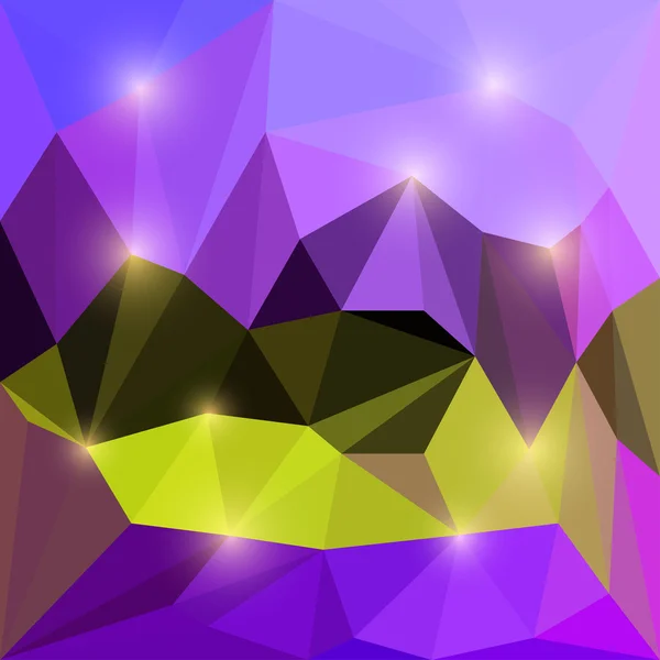 Abstract bright yellow and purple colored vector triangular geometric polygonal background with glaring lights — Stock Vector