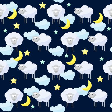Komik vektör desen arka plan bulutlar, yıldızlar, ay ve şirin koyun, yeni yıl karanlık kapak koyun sembolü ile
