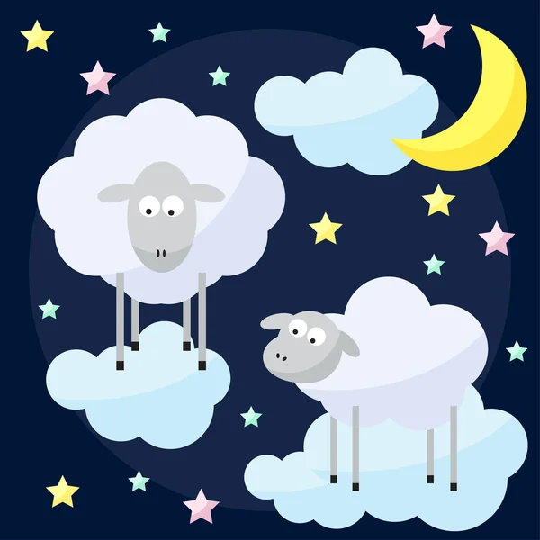 Funny vector background with cartoon moon, clouds, stars and sheep, the symbol of the new year of the sheep on the dark cover — Stock Vector