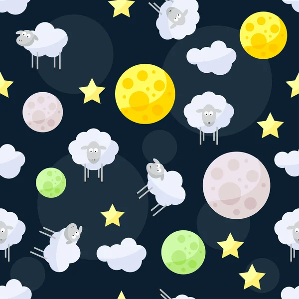 Fond de motif vectoriel drôle avec des nuages, des étoiles, des planètes lumineuses et des moutons mignons sur la couverture sombre dans l'espace ouvert — Image vectorielle