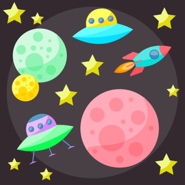Bright colored vector space cover with colorful planets, stars, ufo and spaceship on dark open spase background clipart