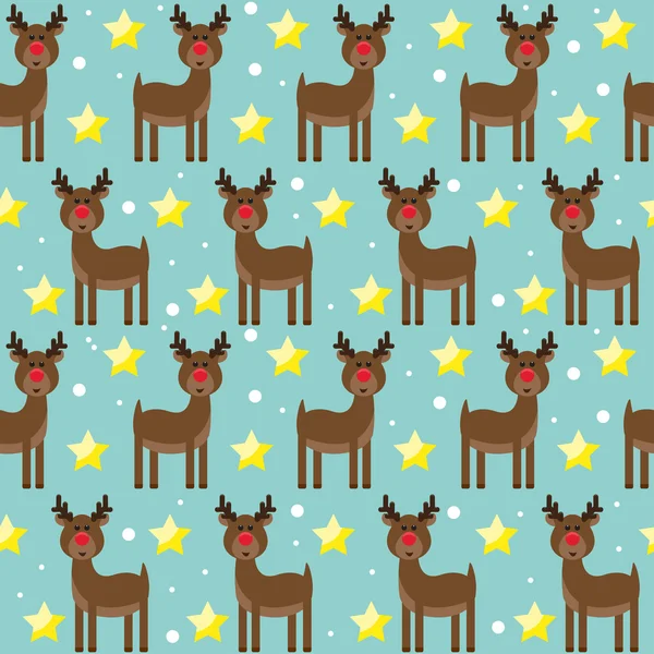 Bright pattern background with funny cartoon deer from sledding Santa Claus, drawing snowflakes and bright yellow stars on a blue cover — Stock Vector