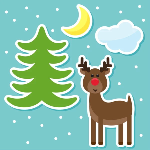 Latar belakang liburan musim dingin dengan kartun rusa lucu dari kereta luncur Santa Claus, menggambar kepingan salju, bulan dan cemara pada penutup biru - Stok Vektor