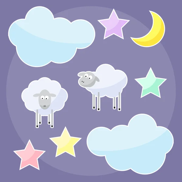 Funny background with moon, clouds, stars and sheep — Stock Vector