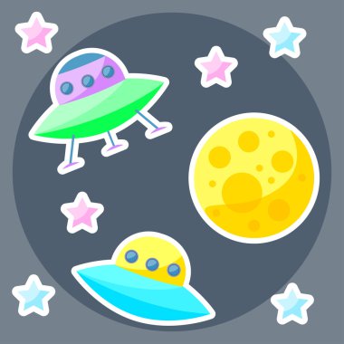 Vector space cover with colorful planet, pink and blue stars and ufo clipart