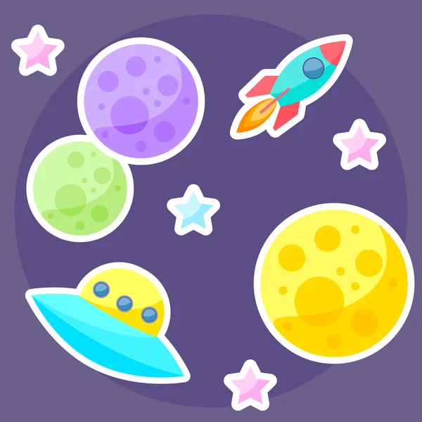 Vectorruimte kaft met kleurrijke planeten, roze en blauwe sterren, ufo en ruimteschip op paarse open ruimte achtergrond — Stockvector