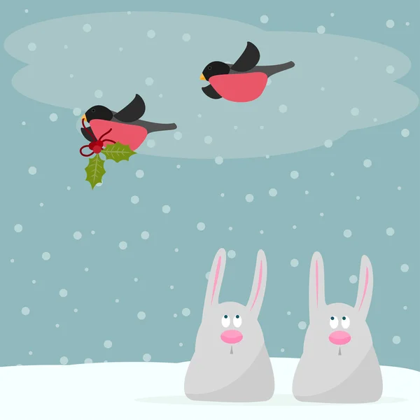 Grappige wintervakantie kaart achtergrond met cute cartoon konijnen en bullfinches rekening houdend met een tak van Holly — Stockvector
