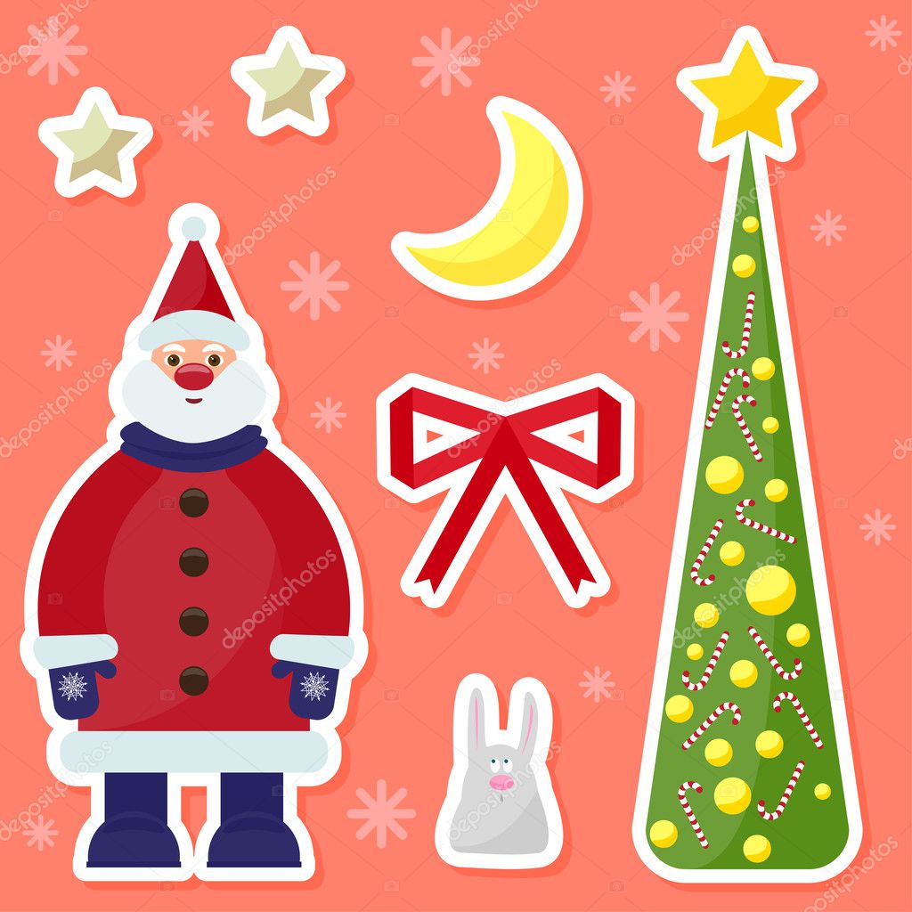 Winter holidays background with cute funny cartoon Santa Claus,rabbit, fir, moon and stars on the bright colored cover