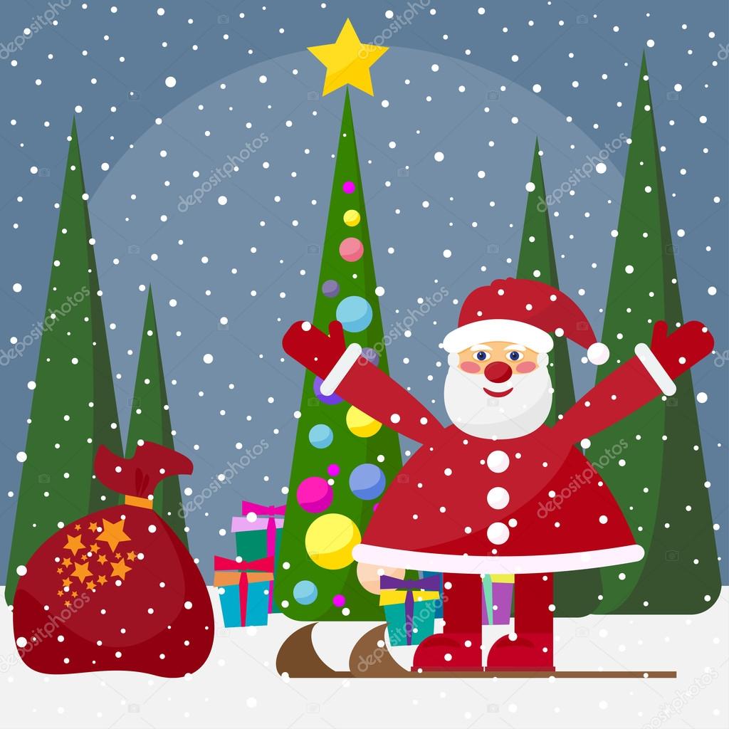 Winter holidays background with cute funny cartoon Santa Claus with fir with bright glass balls and gifts in the night winter forest