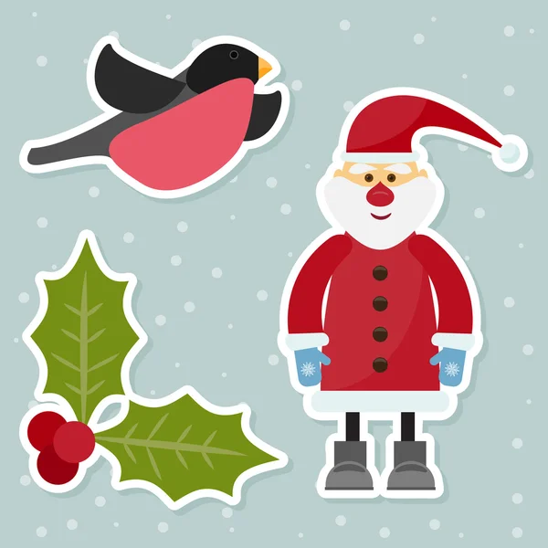 Karikatura zimní svátky pozadí s legrační Santa Claus, roztomilý bullfinch, Holly a sněhové vločky na šedém pozadí — Stockový vektor