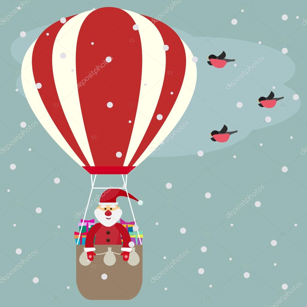 Funny cartoon winter holidays greeting card with Santa Claus flying in