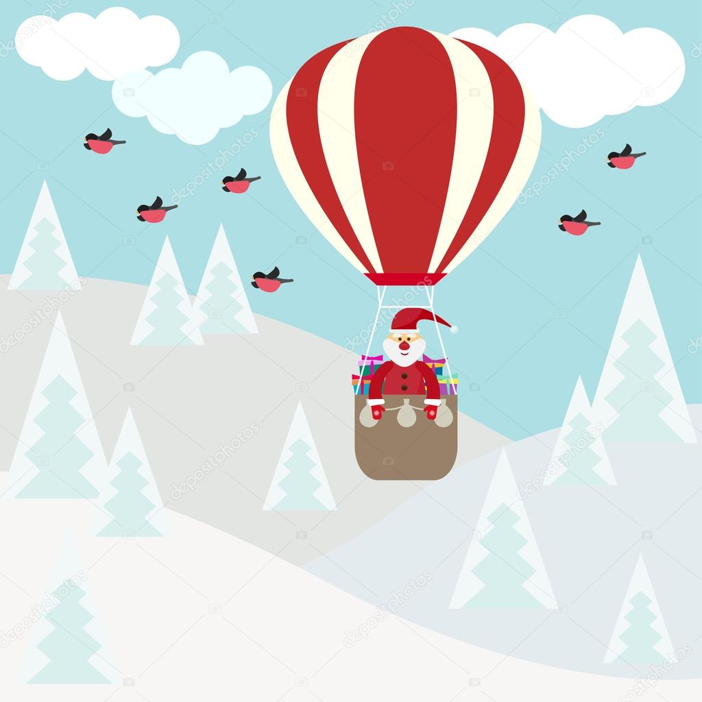 funny cartoon winter holidays card with Santa flying in hot air 