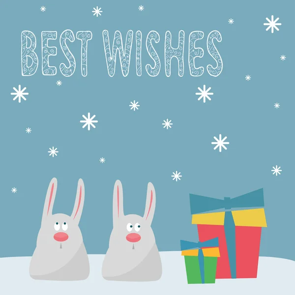 Funny winter holidays card background with cute cartoon rabbits, — Stock Vector