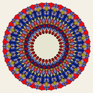 Parlak kırmızı, altın ve mavi renkli el-çizim süs dantel soyut çiçek arka plan