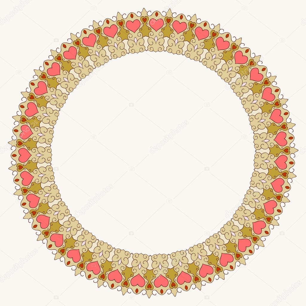 Disegno a mano oro e rosso colorato ornamentale astratto con i cuori per uso nel design