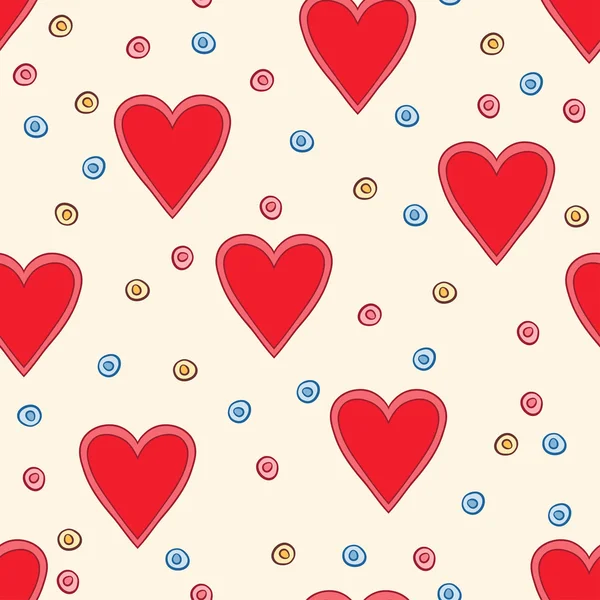 Dibujo a mano corazones brillantes y círculos sin costuras patrón de fondo para su uso en el diseño para el día de San Valentín o tarjeta de felicitación de boda — Vector de stock