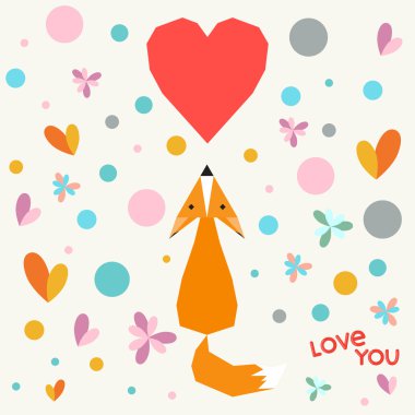 Komik karikatür geometrik fox, çiçek ve kalpleri Sevgililer günü veya düğün tebrik kartı için tasarım kullanmak için illüstrasyon