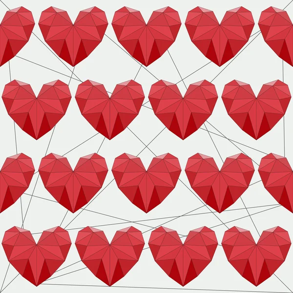 Sömlös bakgrund med ljusa färgade röda geometriska abstrakt månghörnigt hjärtan för användning i design för alla hjärtans dag eller bröllop — Stock vektor