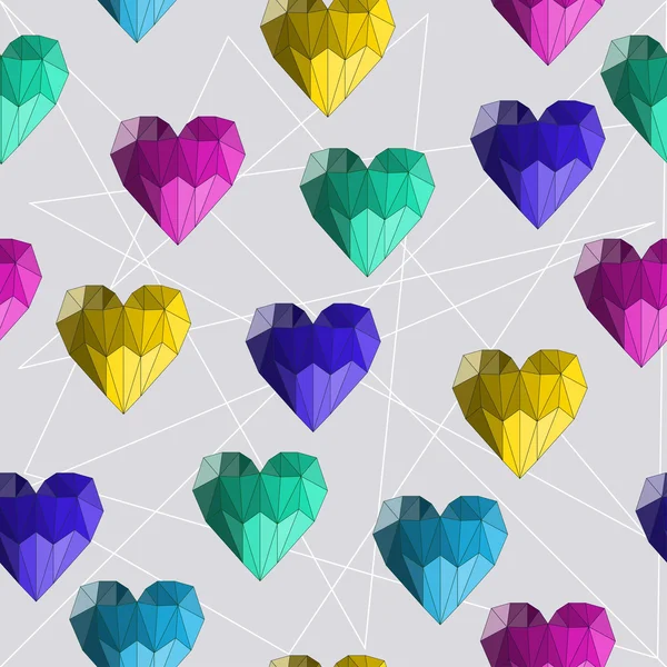 Illustrazione con brillanti cuori poligonali astratti geometrici colorati per l'uso nel design per San Valentino o matrimonio. Sfondo modello senza soluzione di continuità . — Vettoriale Stock