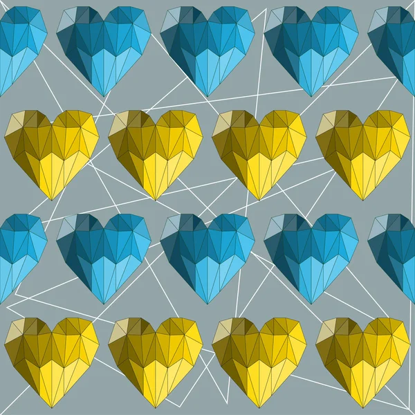 Illustration with blue and yellow colored geometric abstract polygonal hearts for use in design for valentines day or wedding. Seamless pattern background. — Stock Vector