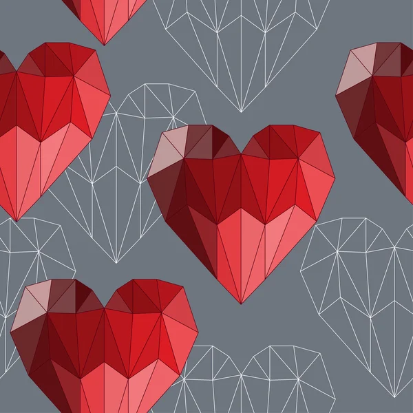 バレンタインの日や結婚式の設計で使用するための明るい色の幾何学的な抽象的な多角形心のシームレスなパターン背景 — ストックベクタ