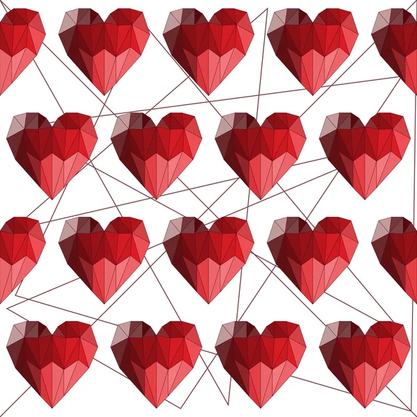 Illustration sans couture avec des coeurs polygonaux abstraits géométriques rouge vif isolés sur fond blanc pour une utilisation dans la conception pour la Saint-Valentin ou le mariage — Image vectorielle