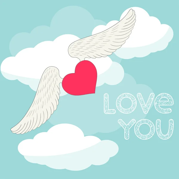 Tecknad bild med flygande hjärta med vingar i himlen med moln och hand-ritning ord av kärlek för användning i design för alla hjärtans dag eller bröllop gratulationskort — Stock vektor