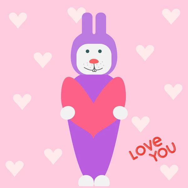 Illustration with funny cartoon rabbit and hearts for greeting card on Valentines day or wedding card — Stock Vector