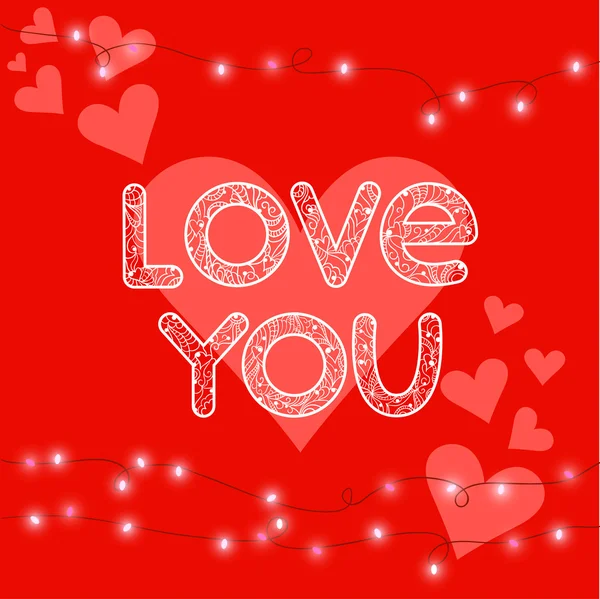 明るい色の心、手描き愛言葉の赤いバレンタインの日や結婚式のグリーティング カードのデザインで使用するためにガーランド ライトとイラスト — ストックベクタ