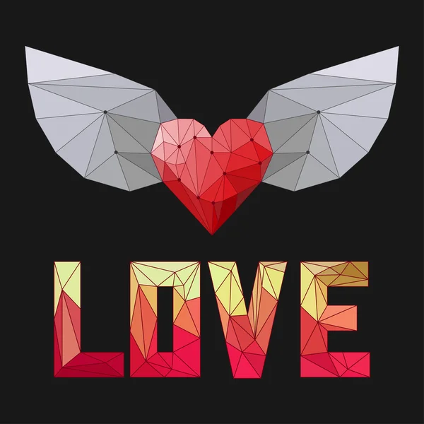 Cuore poligonale astratto triangolare geometrico con ali e parola d'amore isolata su copertina scura per l'uso nel design per il giorno di San Valentino o biglietto di auguri di nozze — Vettoriale Stock