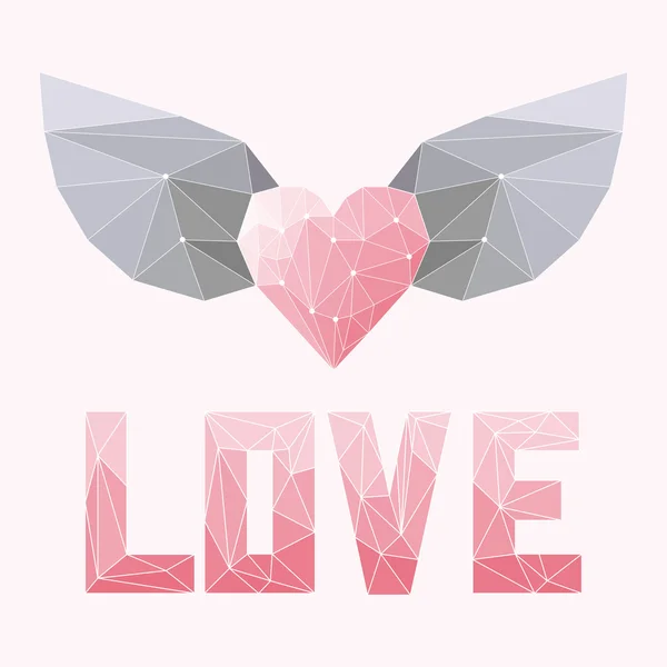 Geometriskt mjukt färgat triangulärt abstrakt polygonalt hjärta med vingar och kärleksord isolerat på rosa omslag för användning i design för alla hjärtans dag eller bröllop gratulationskort Vektorgrafik