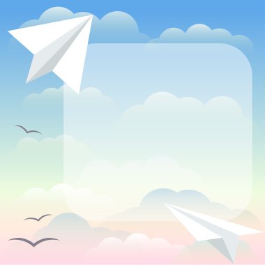 Illustration with paper airplane floating in the sunset sky among the clouds for use in design for card, invitation, poster, banner, placard or billboard cover