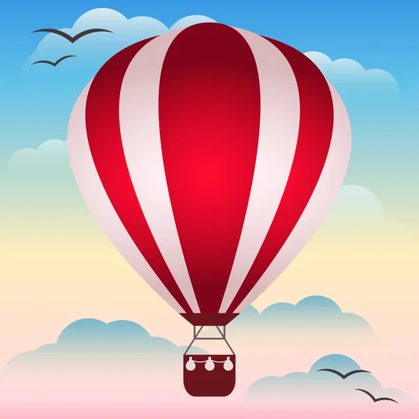 Illustration with bright red colored hot air balloon floating in the sunset sky among the clouds for use in design for card, invitation, poster, banner, placard or billboard cover — Wektor stockowy