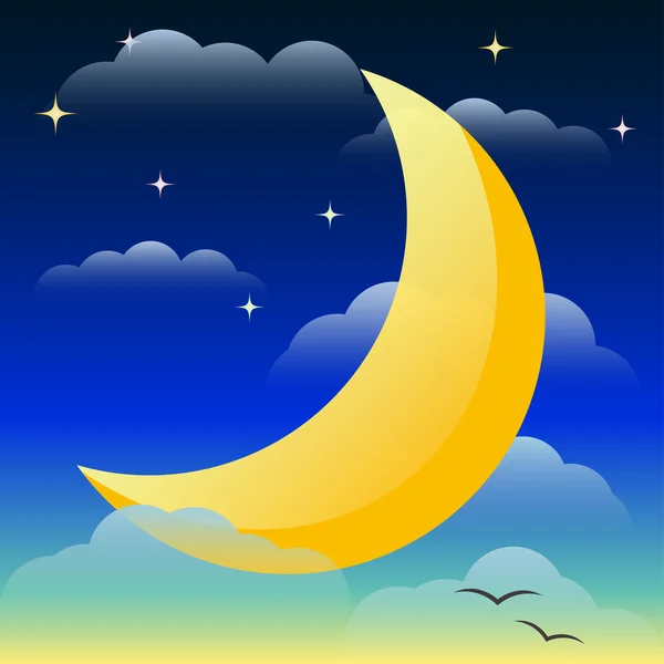 Ilustração com lua de iluminação amarela brilhante flutuando no céu noturno entre as nuvens e estrelas para uso em design para cartão, convite, cartaz, banner, cartaz ou capa de cartaz — Vetor de Stock