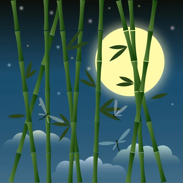 Иллюстрация с бамбуком и стрекозами на фоне ночного неба с луной, звездами и облаками для использования в оформлении открыток, приглашений, плакатов, баннеров, плакатов или рекламных щитов — стоковый вектор